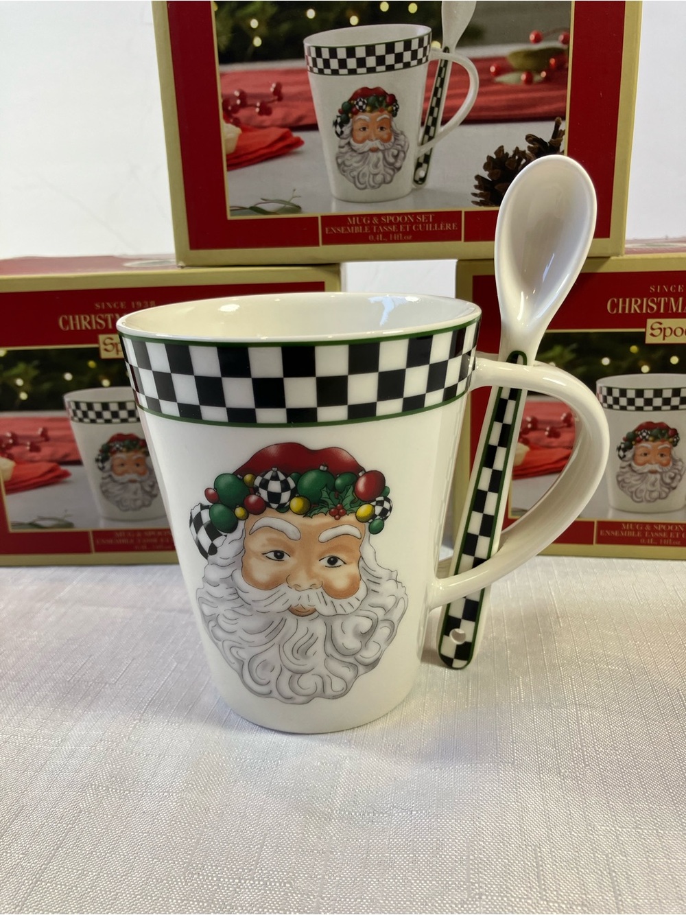 NIB Spode Christmas Santa, Black & White Check, Mug & Spoon Set, Set of 3